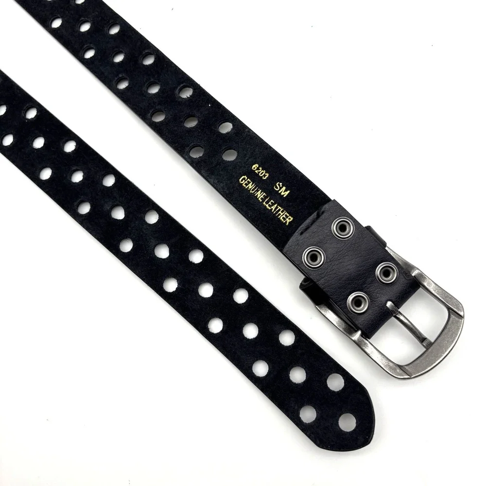 Vintage Y2K Black Genuine Leather Single Prong 3-row Holes Belt S/M Up to 36